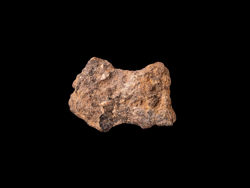 Thumbnail: Vista frontal fotografía producto meteorito condrita enstatita Al Haggounia 001 El-melt rock sobre fondo negro.