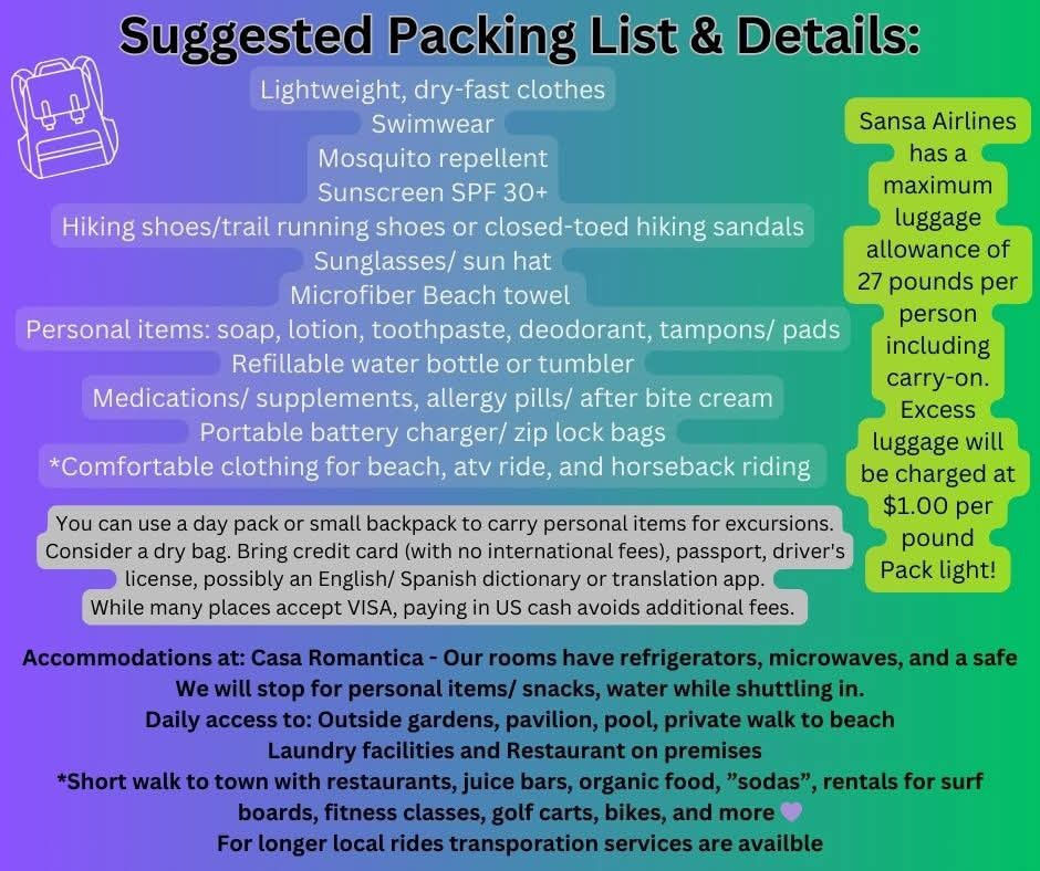 Suggested packing list for Costa Rica travel