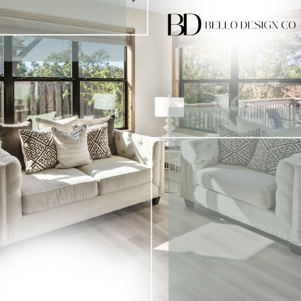 Bright living room with white sofas, decorative pillows, large windows, and natural light creating a welcoming atmosphere.