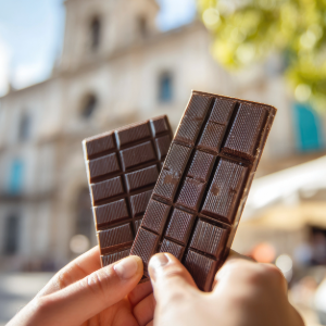 A hand holds up two chocolate bars, which are divided into smaller pieces that can be broken off.