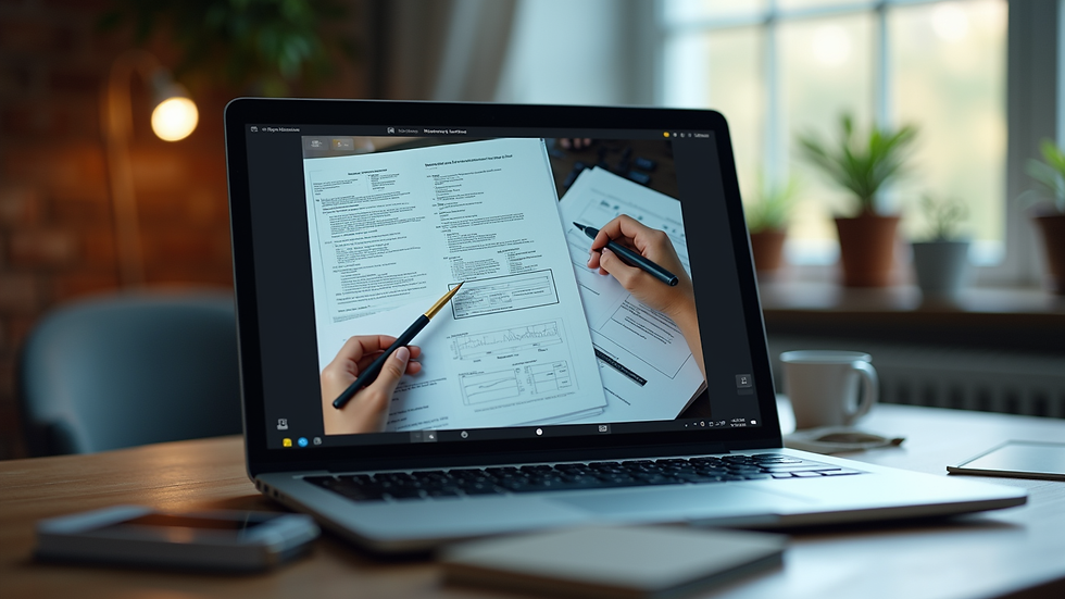 Eye-level view of a laptop displaying a virtual meeting with legal documents
