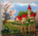 cross stitch church and tree cushion