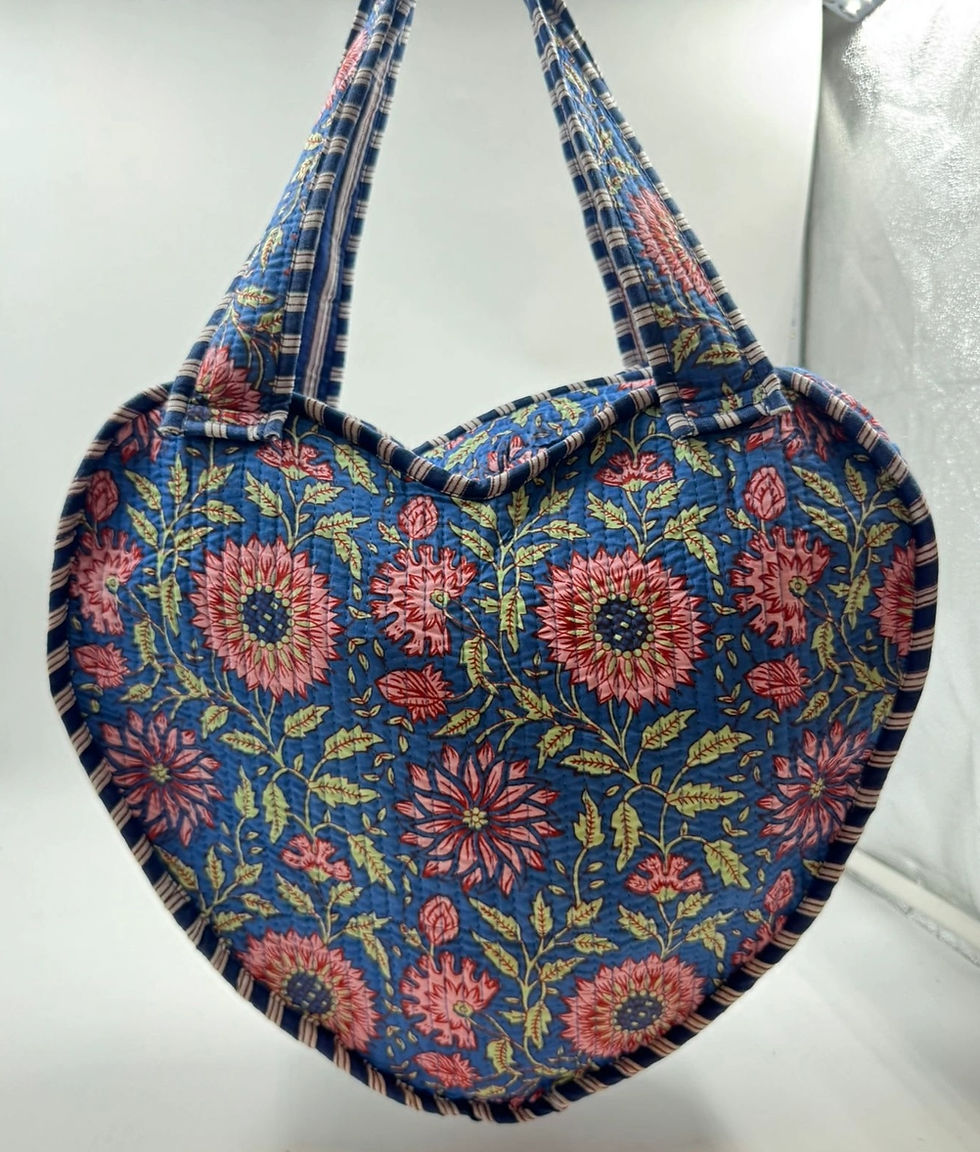 blue and pink floral heart shaped kantha bag