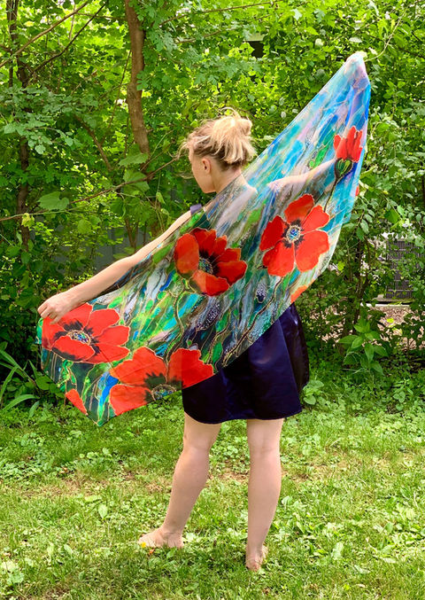 Red and Blue Poppies scarf 15x72