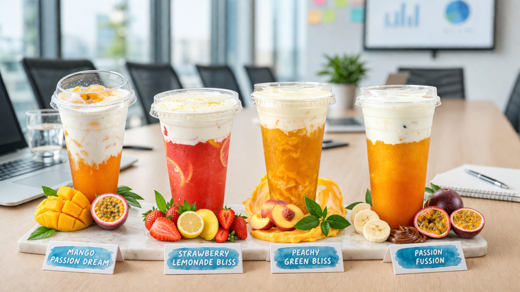 Fruit tea drinks with real fruit mango, strawberry peach, passion and cheese form Detroit Snack Stop Macomn MI