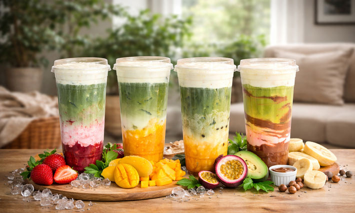 Green tea fruit drinks with real fruit and cheese form on top Detroit Snack Stop Macomn MI
