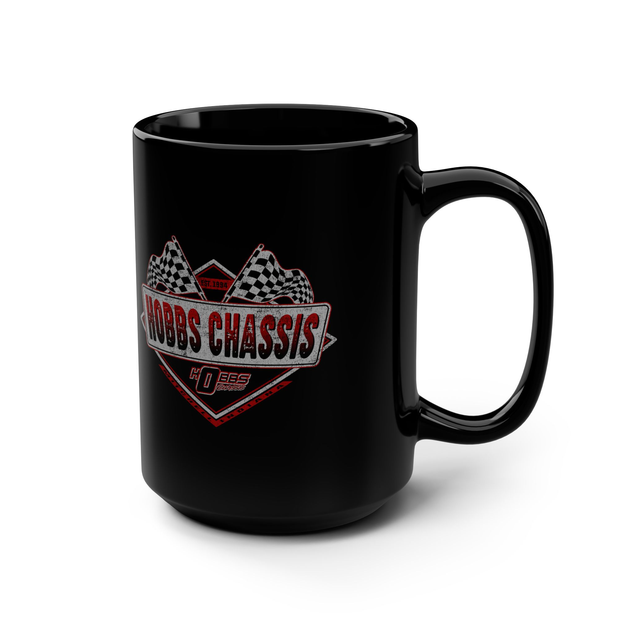 Hobbs Chassis distressed design Black Mug, 15oz