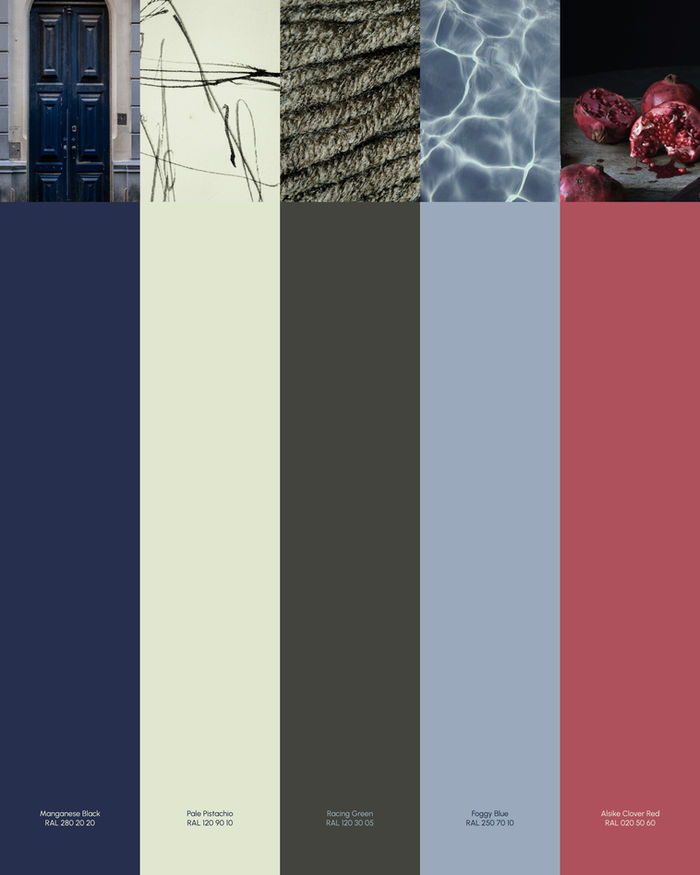 Farbpalette des Corporate Designs für Aigner & Aigner Interiors mit Dunkelblau, Pistaziengrün, Dunkelgrün, Nebelblau und Rot.