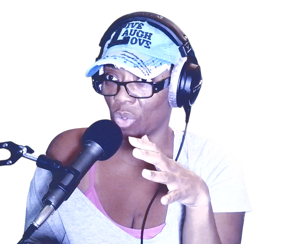 Host speaking at an internet radio station microphone.