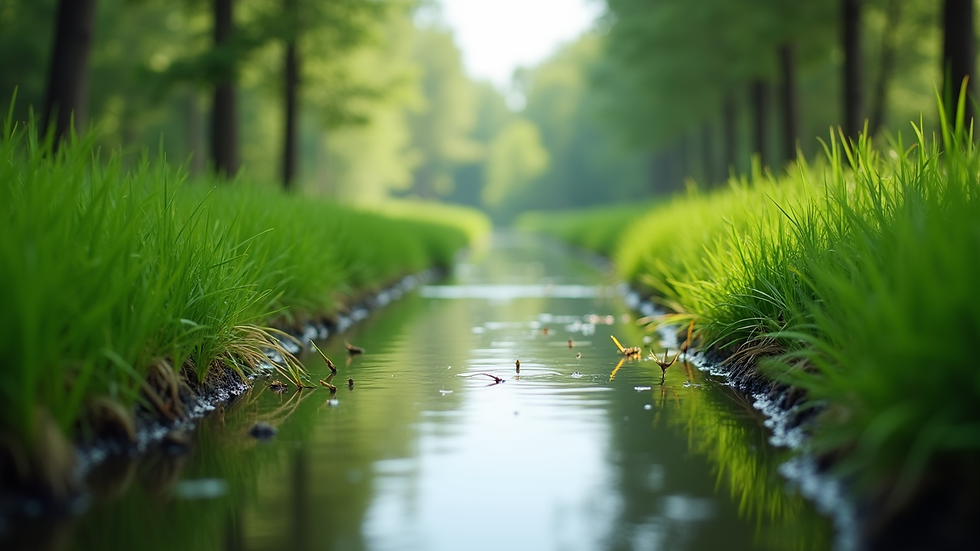 Eye-level view of a tranquil irrigation canal surrounded by lush greenery