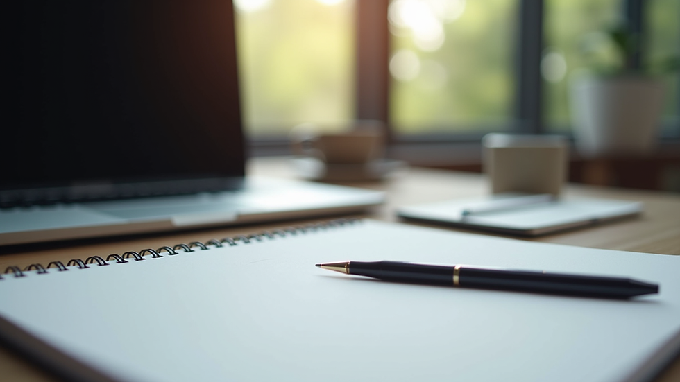 Close-up view of a modern workspace with a laptop and notepad