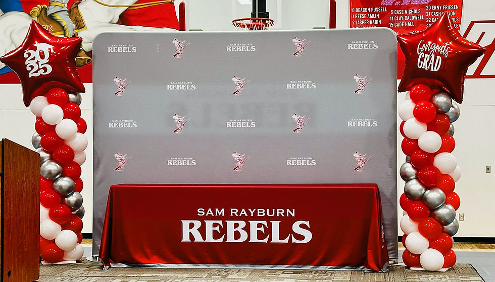 Graduation stage balloon columns in red, white, and silver with star toppers, custom Sam R