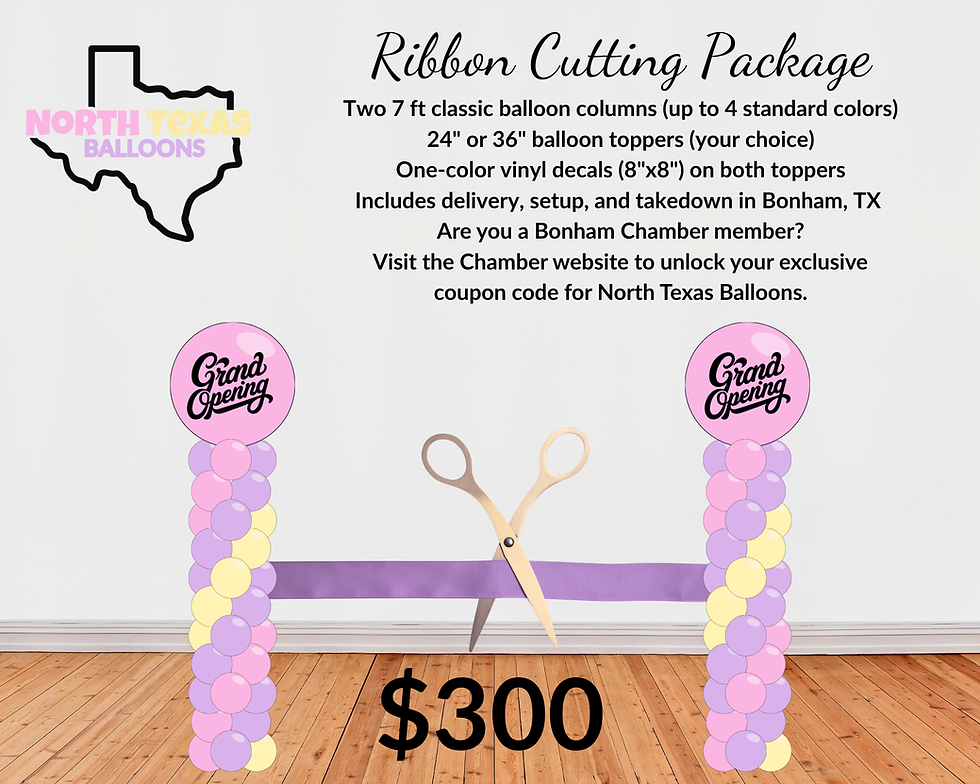 Illustration of North Texas Balloons’ Ribbon Cutting Package, featuring two 7-foot pastel
