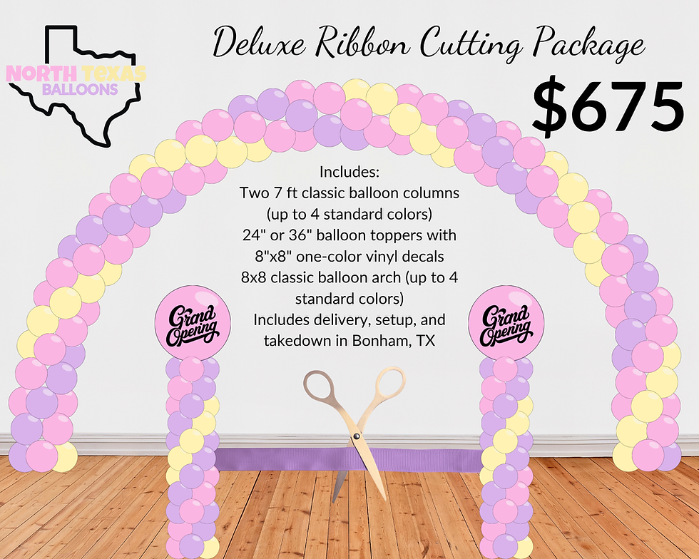 Illustration of North Texas Balloons’ Deluxe Ribbon Cutting Package, featuring a large pas