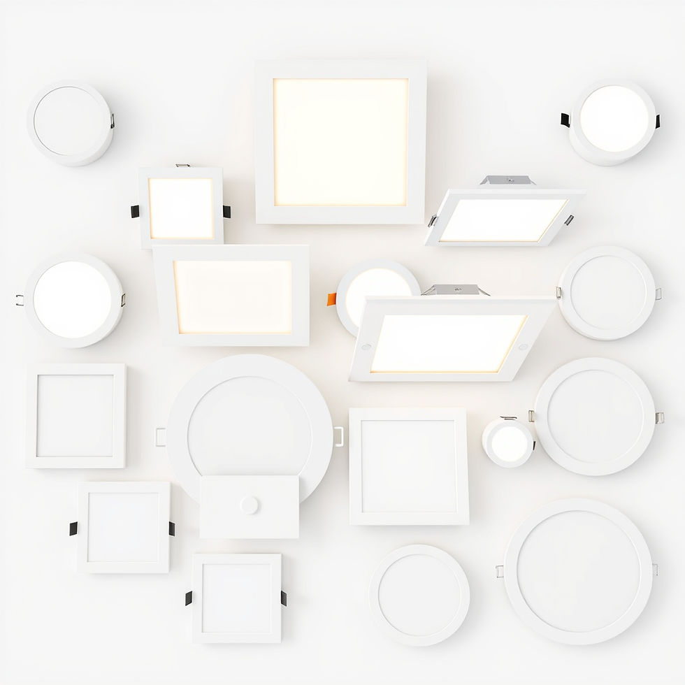 Product collection of modern office LED panel lights, including square and round designs, 