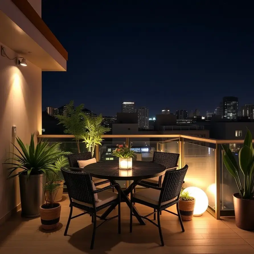Gece balkonda oturma alanı, bitkiler ve şehir manzarası. Aksam keyfi yeni