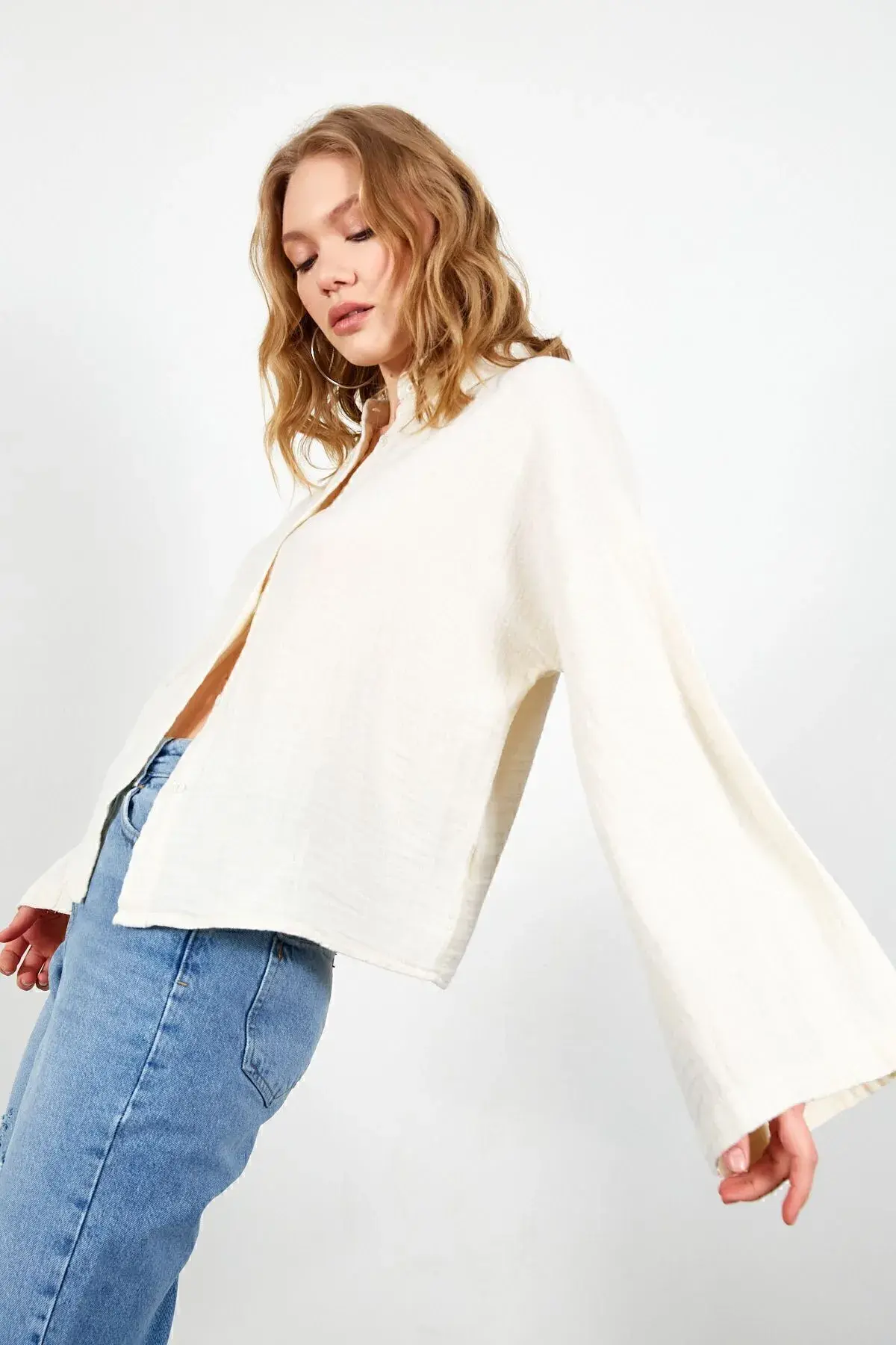 Ecru Sleeves Loose Washed Muslin Oversize Relaxed Fit Shirt