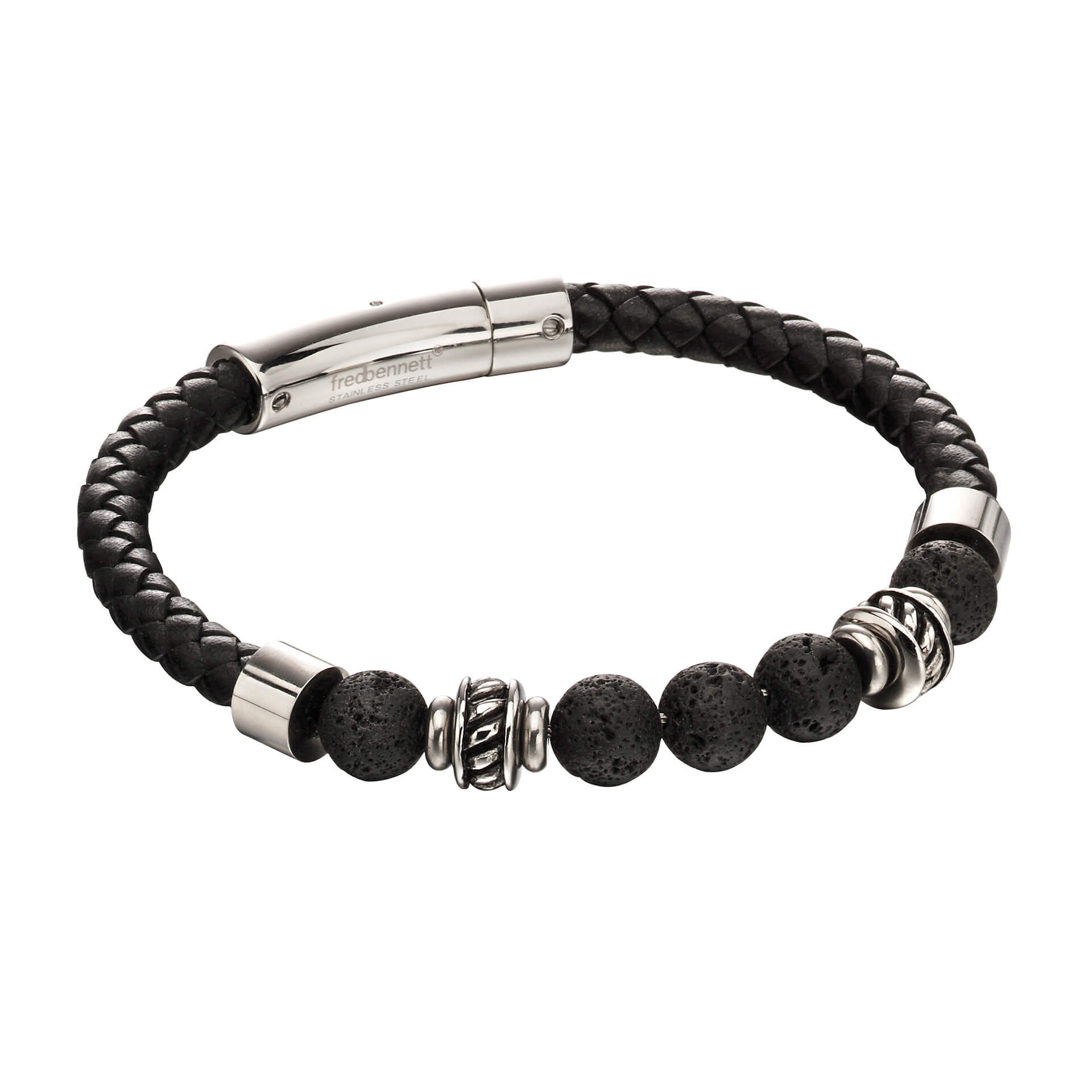 Black Leather Bracelet with Lava Beads