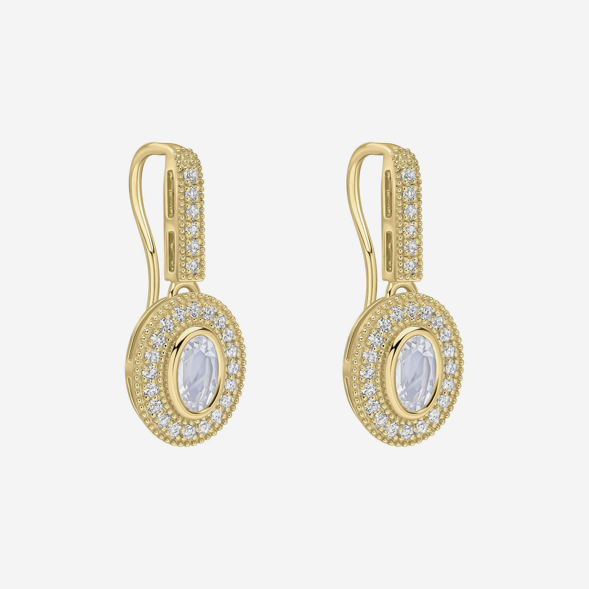 9ct Gold Oval Blue Moonstone and White Topaz Drop Earrings