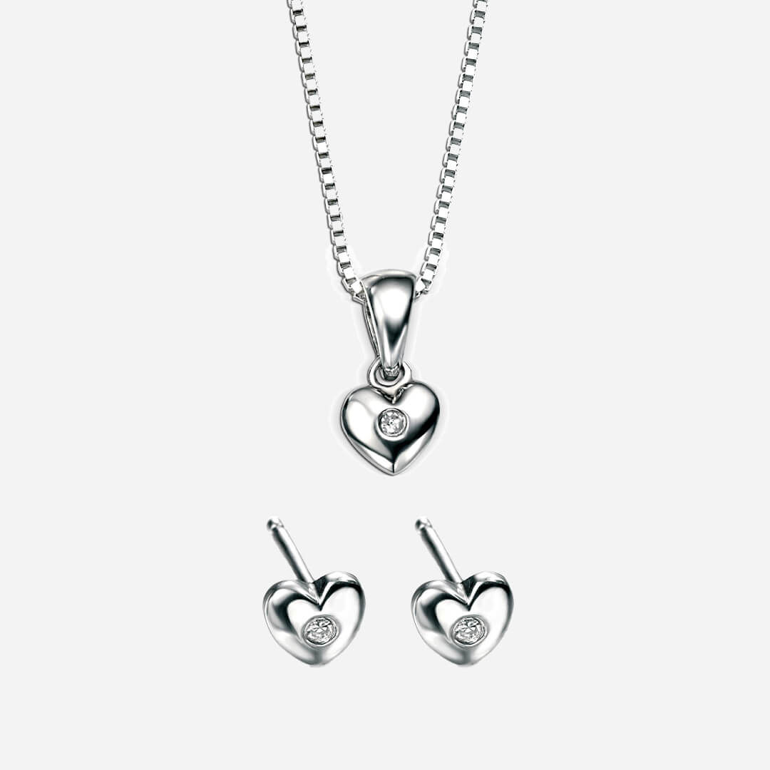 Children's Diamond Heart Necklace & Earrings Jewellery Set