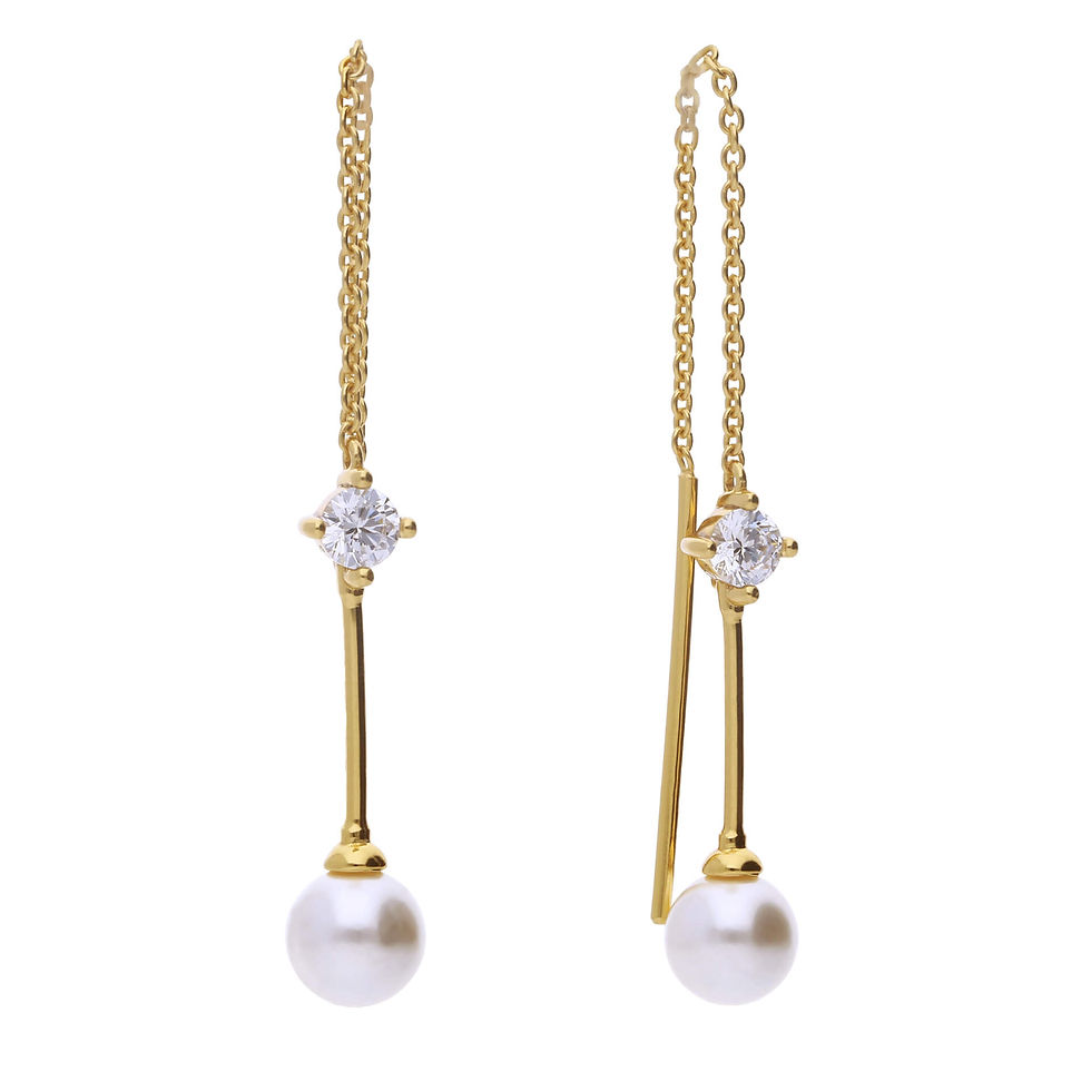Thumbnail: Pull Through Zirconia & Pearl Chain Drop Earrings