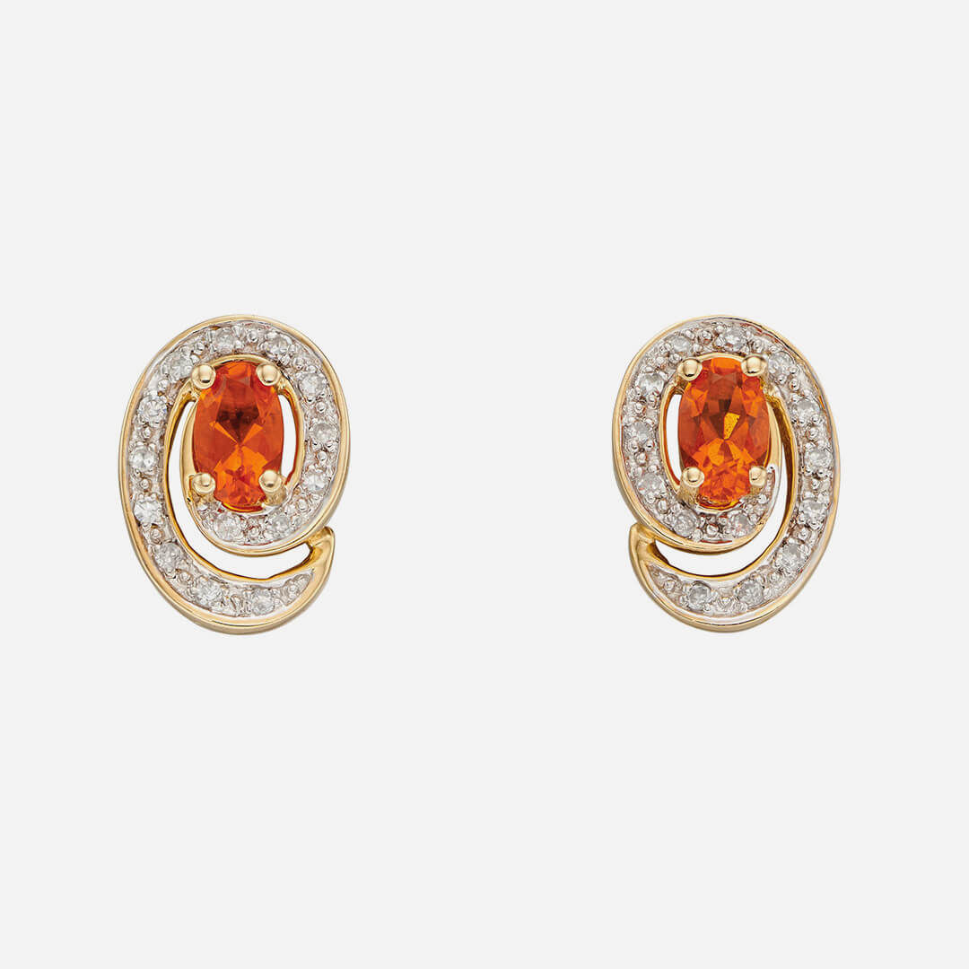 9ct Gold Fire Opal and Diamond Stud Earrings
