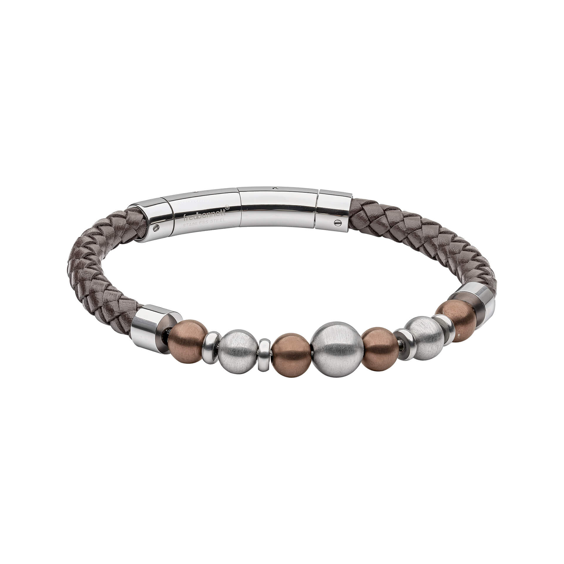 Brown Leather Bracelet with Stainless Steel Beads