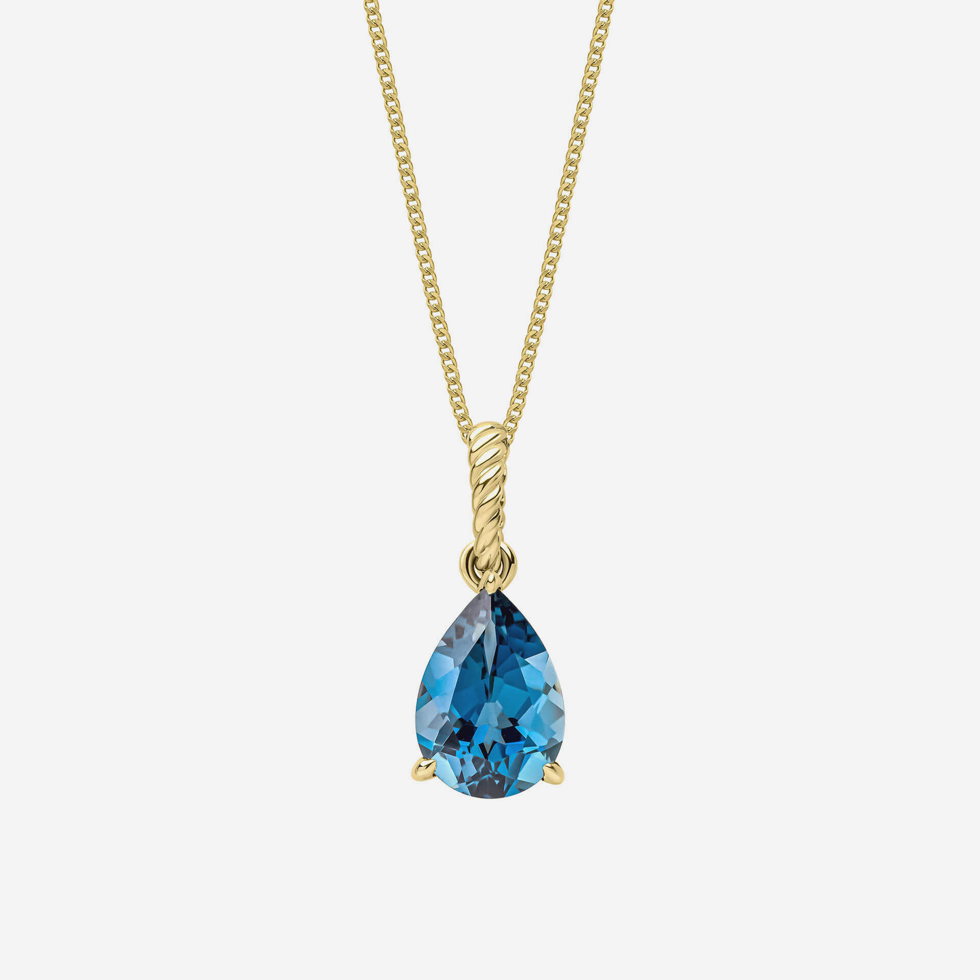 9ct Gold London Blue Topaz Rope Twist Teardrop Pendant Necklace