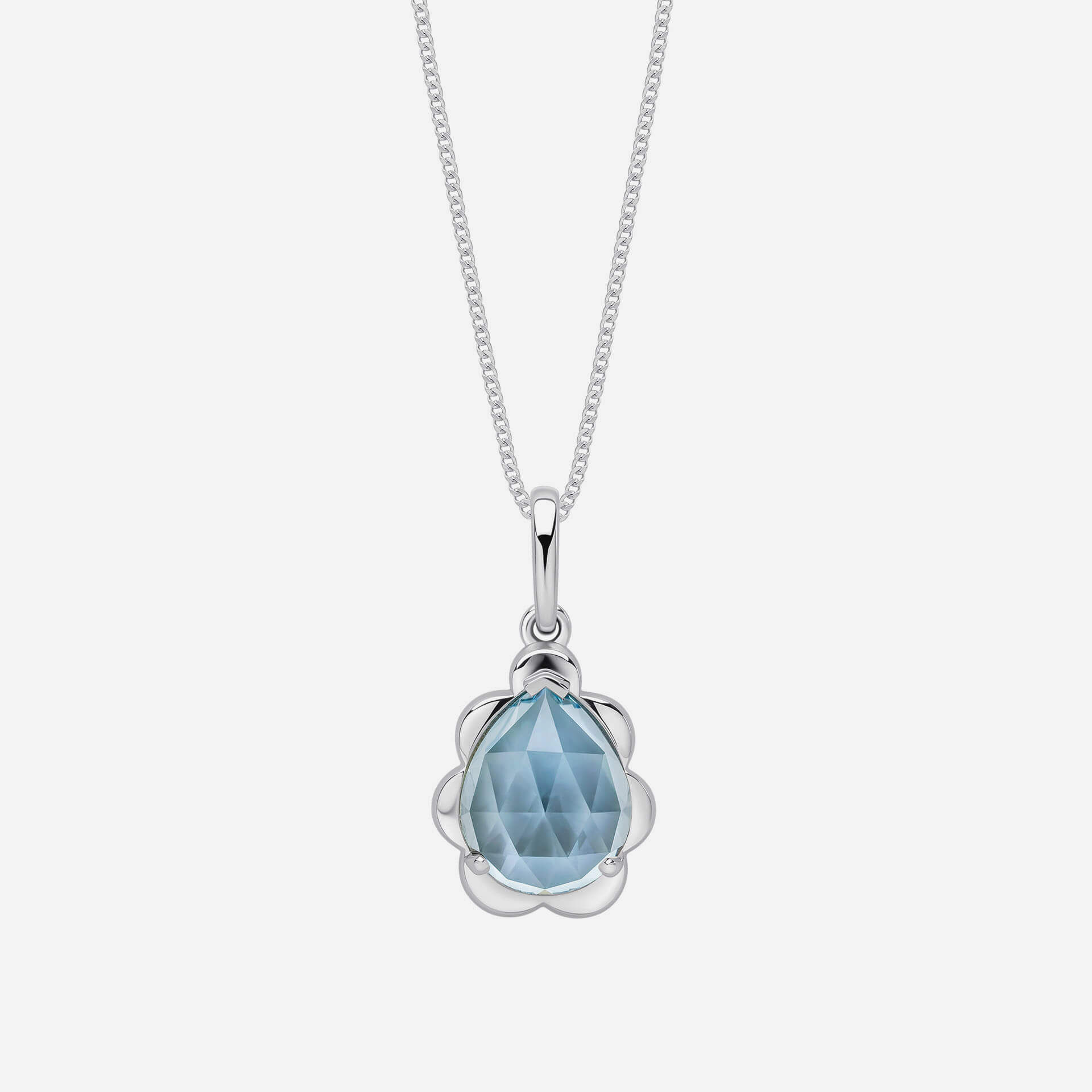 9ct White Gold Fancy Cut Sky Blue Topaz Flower Bud Pendant Necklace