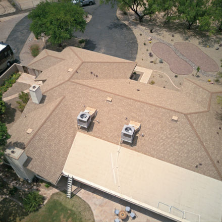 Aerial view of a Tucson home roof inspected for monsoon storm damage