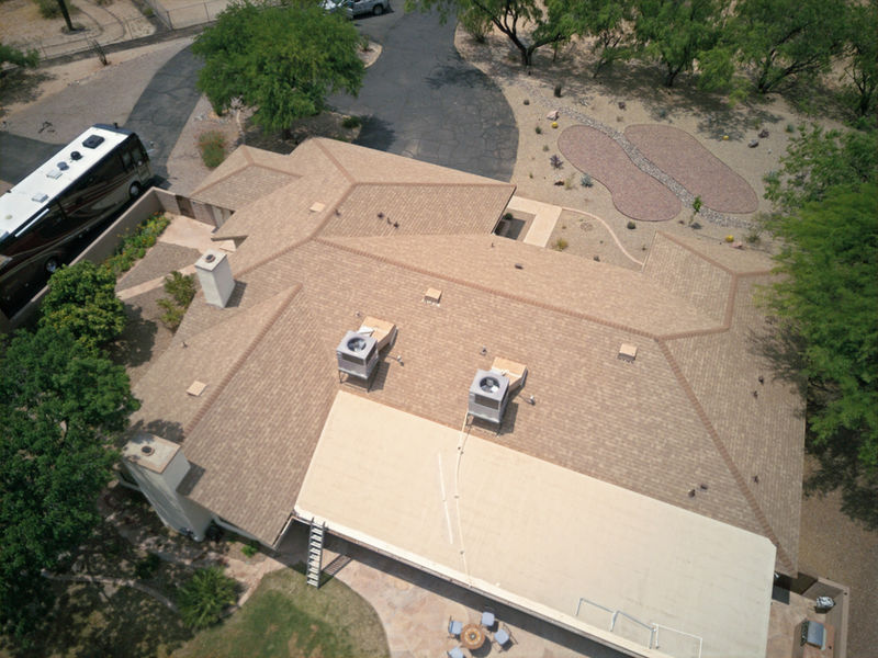 Aerial view of a completed residential roof