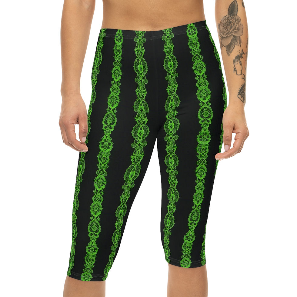 Eco-Friendly Women’s Capri Leggings with Green Floral Lace Pattern