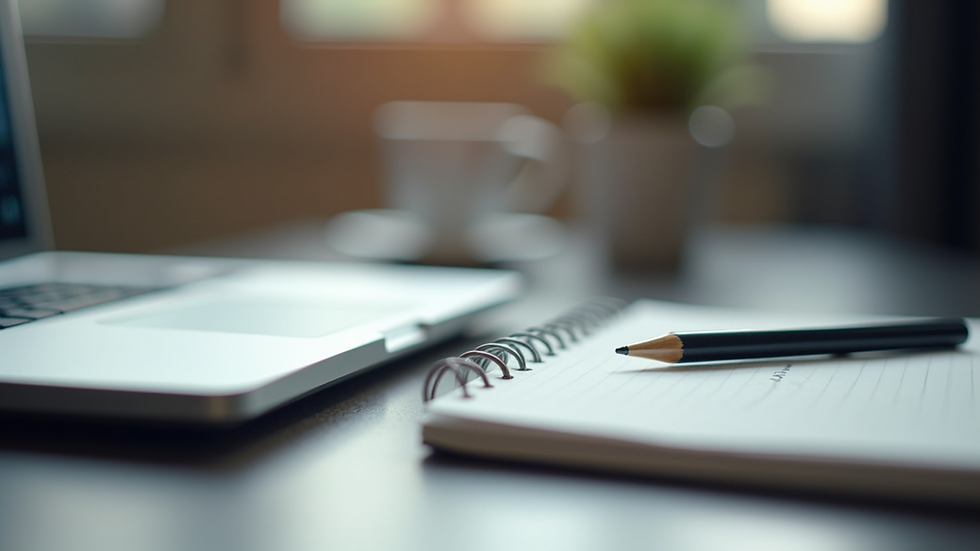 Close-up view of a modern workspace with a laptop and notepad