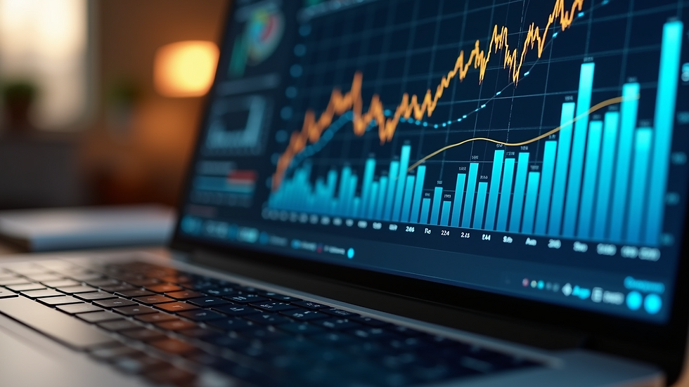 Close-up view of a laptop screen showing business growth charts and analytics