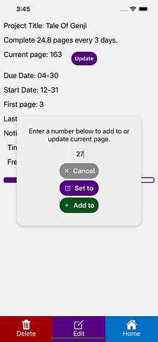 Screenshot of the update popup on the Project Display Screen, from which you can add to or edit the current unit of the project