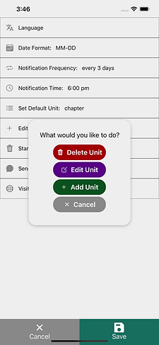 Screenshot of the Settings Screen, with the Edit Unit popup open as an example
