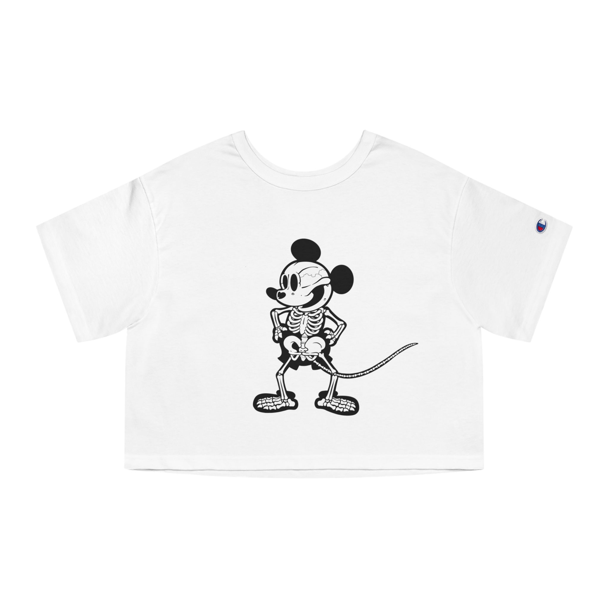 White cropped t-shirt featuring a cartoon mouse skeleton graphic with detailed x-ray inspired bone anatomy.
