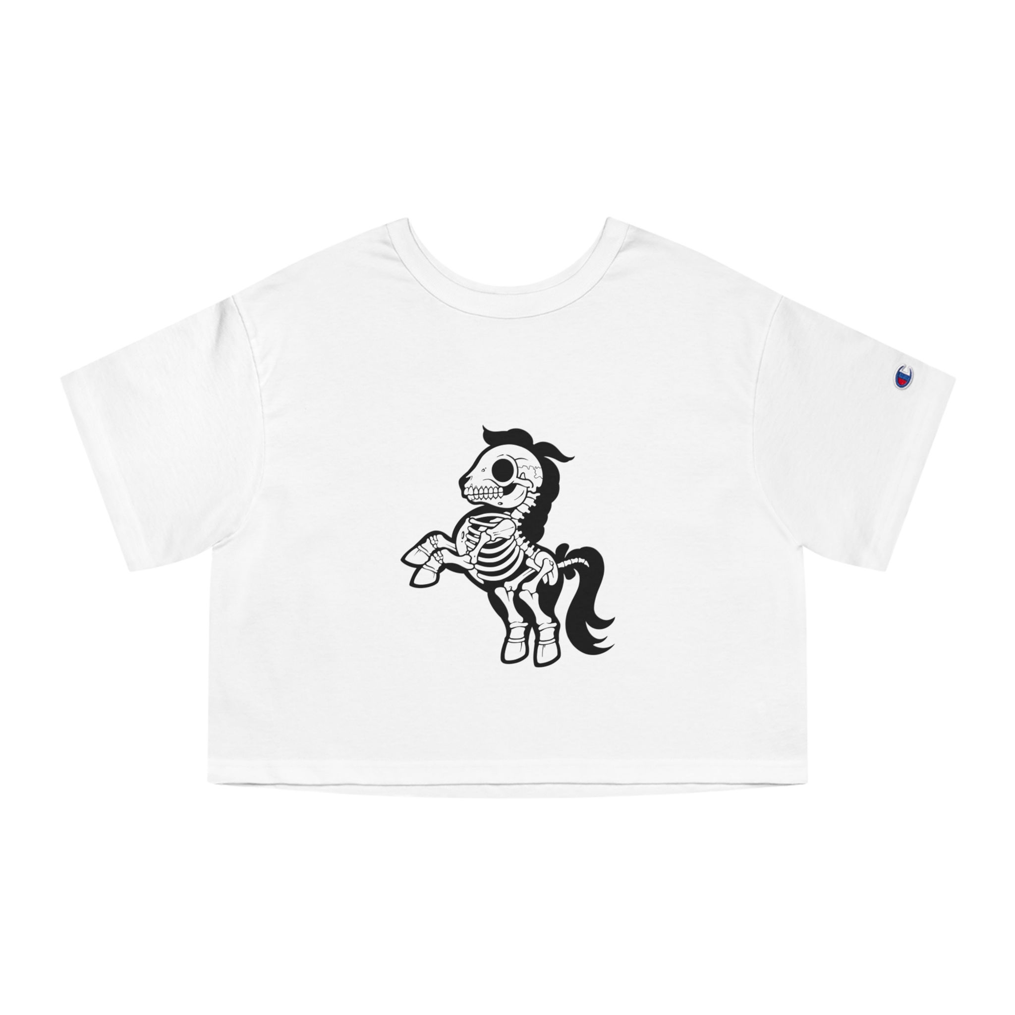 White cropped t-shirt featuring a cute skeleton pony graphic with detailed x-ray inspired bone anatomy.