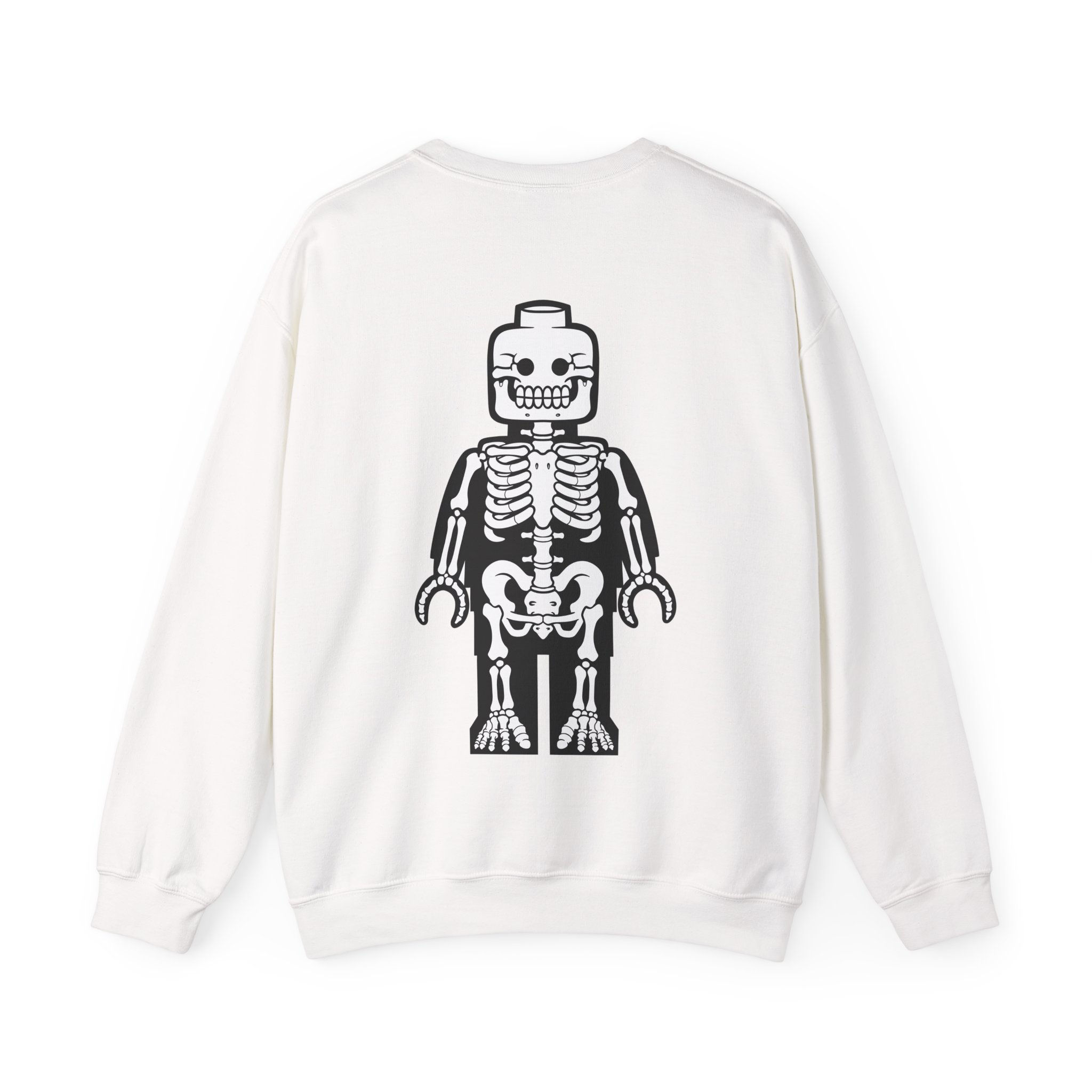 White oversized sweatshirt with large skeleton building block figure graphic printed on the back.
