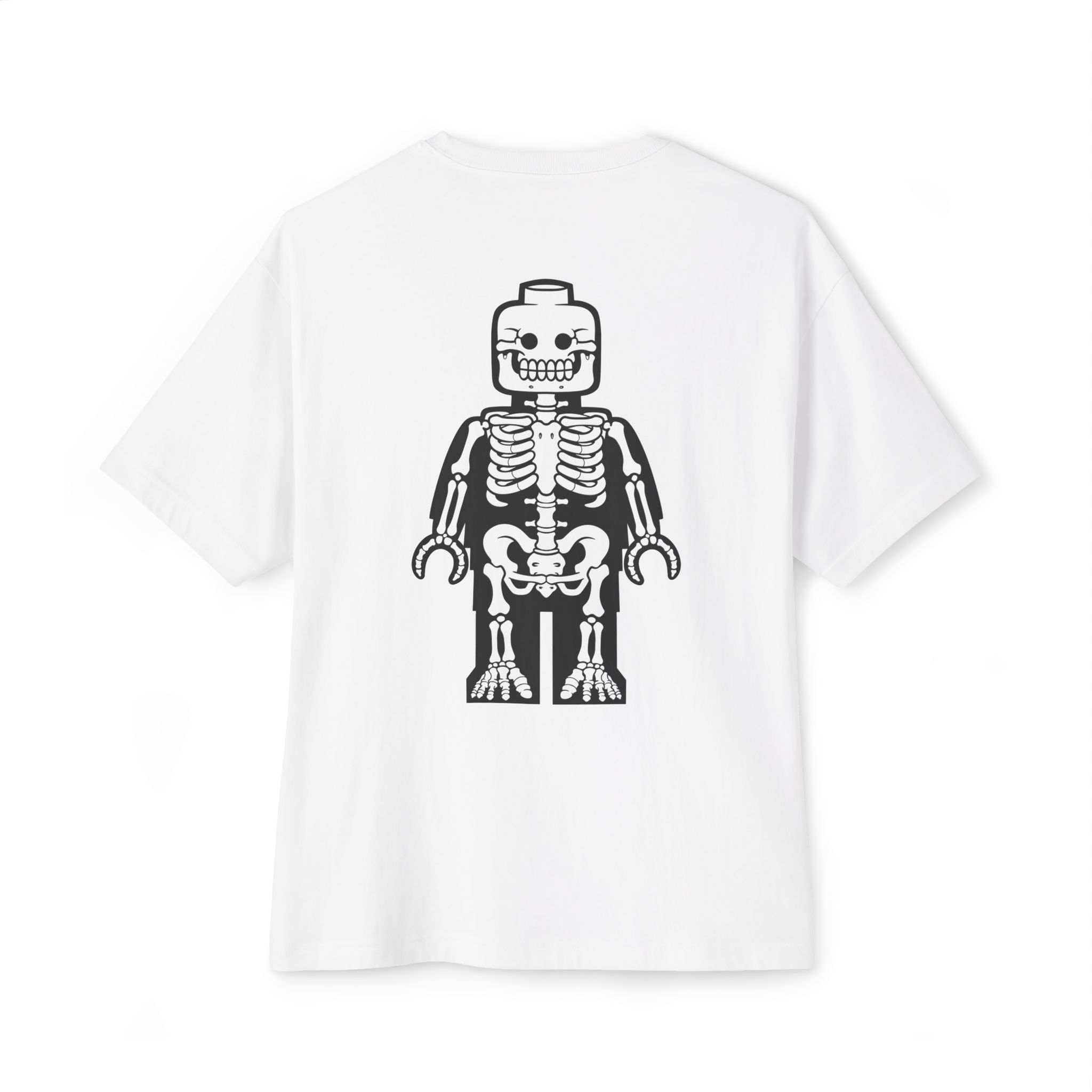 Black t-shirt featuring a skeleton building block figure graphic with detailed x-ray inspired bone anatomy.
