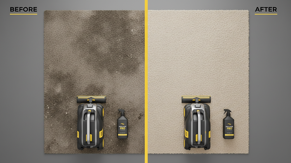 Eye-level view of a cleaning solution bottle next to a carpet cleaning machine