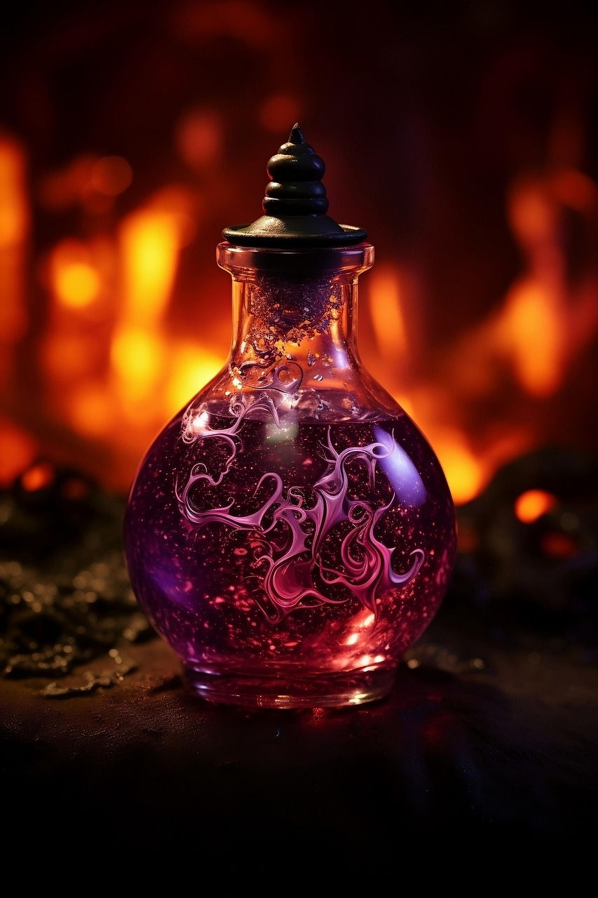 A decorative bottle that looks like a purple potion is swirling inside. There are blurred flames in the background
