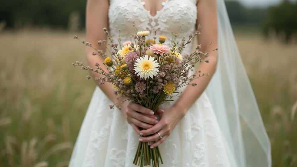 Eye-level view of a bride holding a bouquet of wildflowers