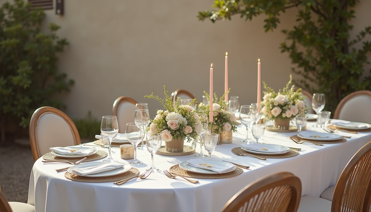 Vista dall’alto di una tavola apparecchiata per matrimonio in Sardegna con dettagli eleganti
