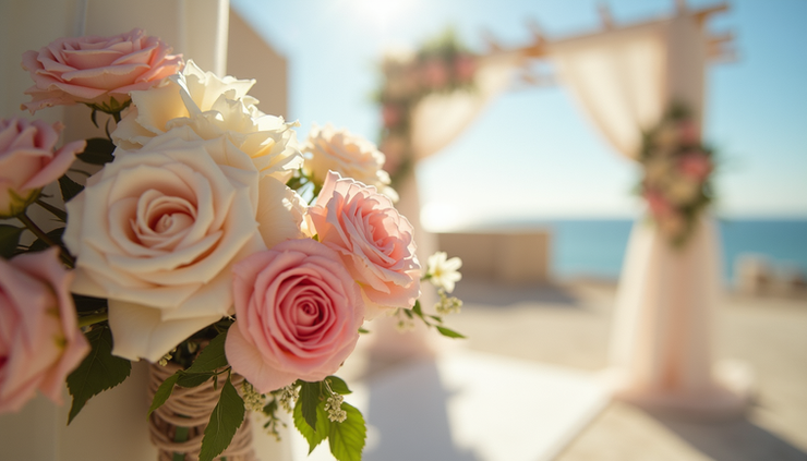 Dettaglio di allestimento floreale per matrimonio in Sardegna con colori pastello