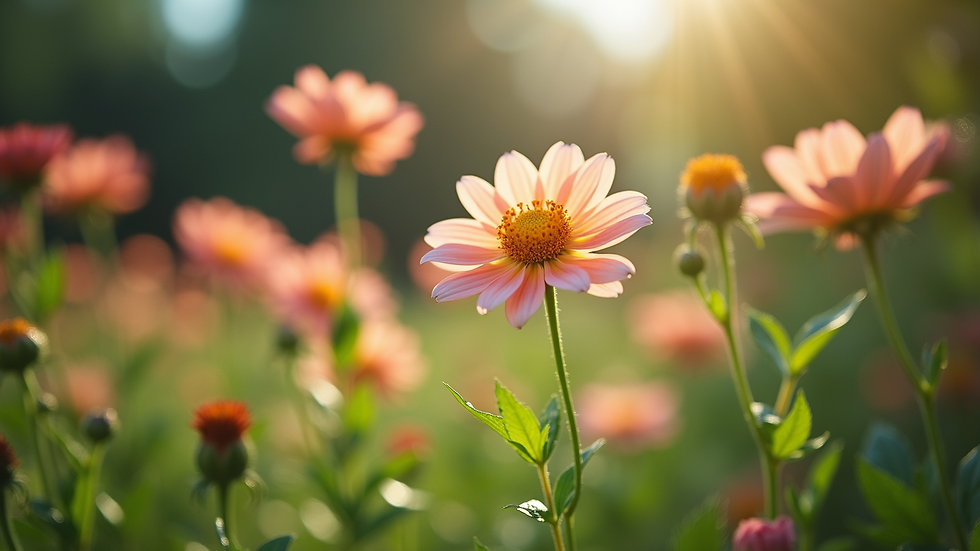 Eye-level view of a serene garden with blooming flowers