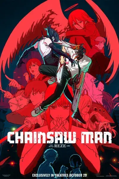 Pôster promocional do anime Chainsaw Man: Reze Arc, destacando Denji em sua forma de demônio motosserra no centro, cercado por Reze, Power, Aki e outros personagens em tons vibrantes de vermelho; estreia anunciada para 29 de outubro nos cinemas.
