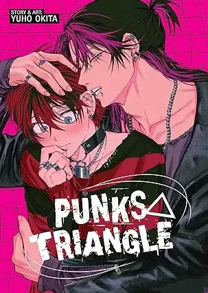 Capa do mangá "Punks Triangle" de Yuho Okita, com dois personagens masculinos em estilo punk; um deles segura o queixo do outro de forma provocante, sobre um fundo rosa com grid e título estilizado em branco.