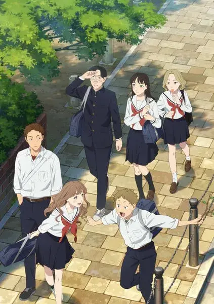 Elenco principal de Yano-kun's Ordinary Days caminhando juntos após a escola em um cenário urbano arborizado.