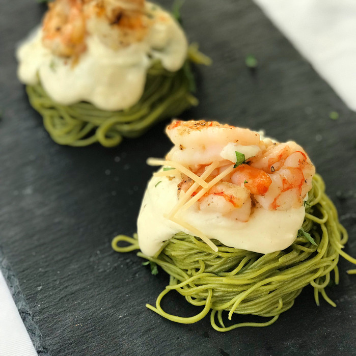 Spinach Pasta Nests with Garlic-Parmesan cream sauce and Smoked Shrimp